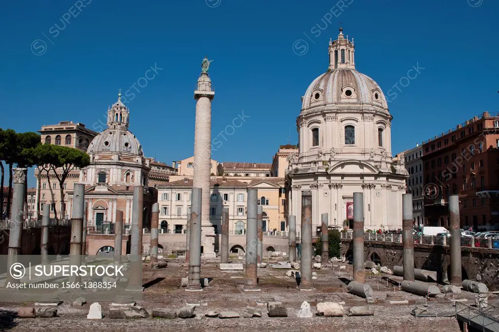 Trajan's Forum with Trajans Column and Santissimo Nome di Maria church, Rome, Italy.