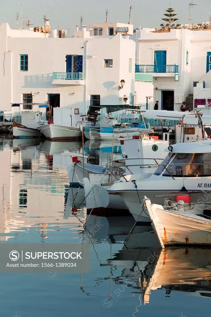 Fishing boats at the harbor of Naoussa, Paros, Cyclades Islands, Greek Islands, Greece, Europe.