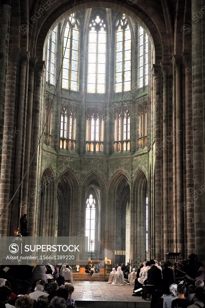 Gothic choir of the church-abbey, Mont Saint-Michel Abbey, Manche department, Low Normandy region, France, Europe.
