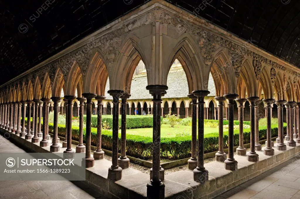 Cloister of the Mont Saint-Michel Abbey, Manche department, Low Normandy region, France, Europe.