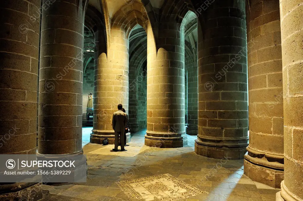 Crypt of the massive pillars, Mont Saint-Michel Abbey, Manche department, Low Normandy region, France, Europe.