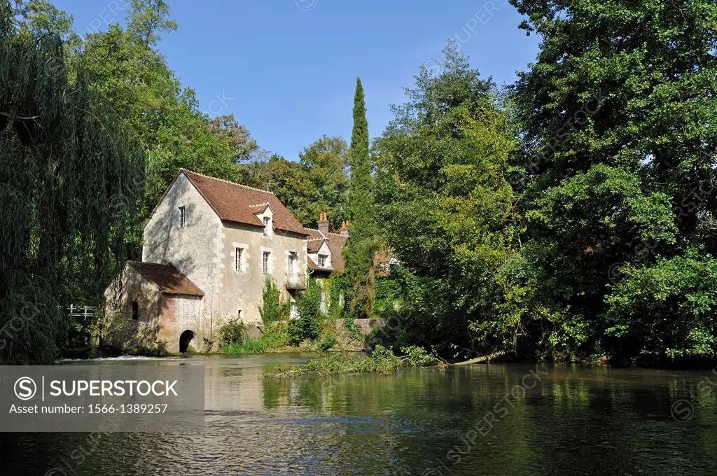 Water mill on the Huisne River bank at Dorceau, Orne department, Lower Normandy region, France, Western Europe.