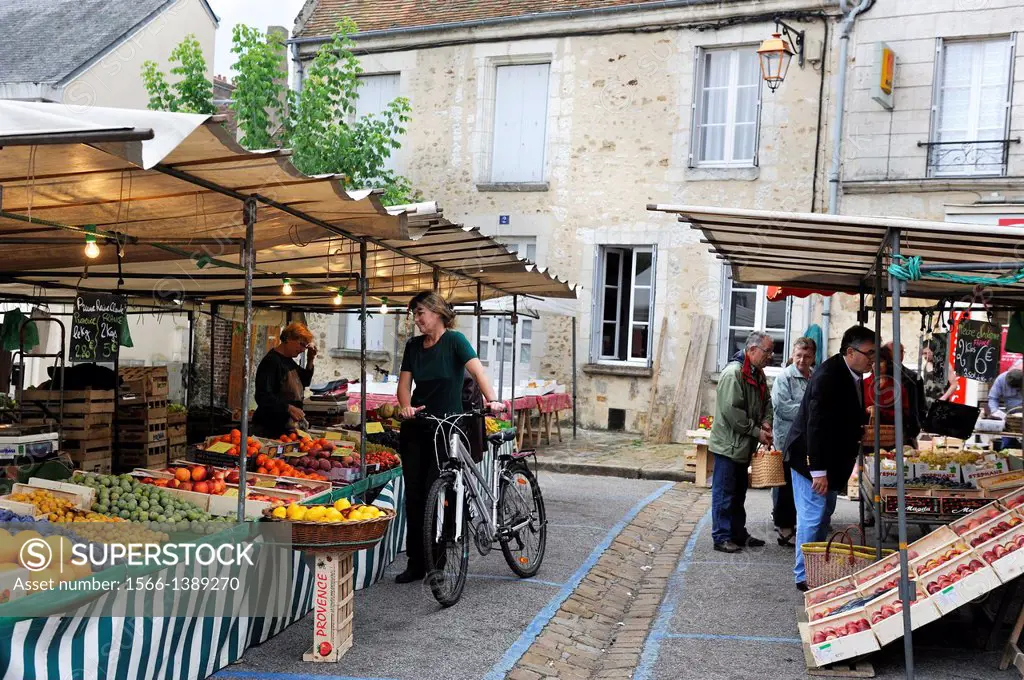 young woman with a bicycle at the market of Mortagne-au-Perche, Regional Natural Park of Perche, Orne department, Lower Normandy region, France, Weste...