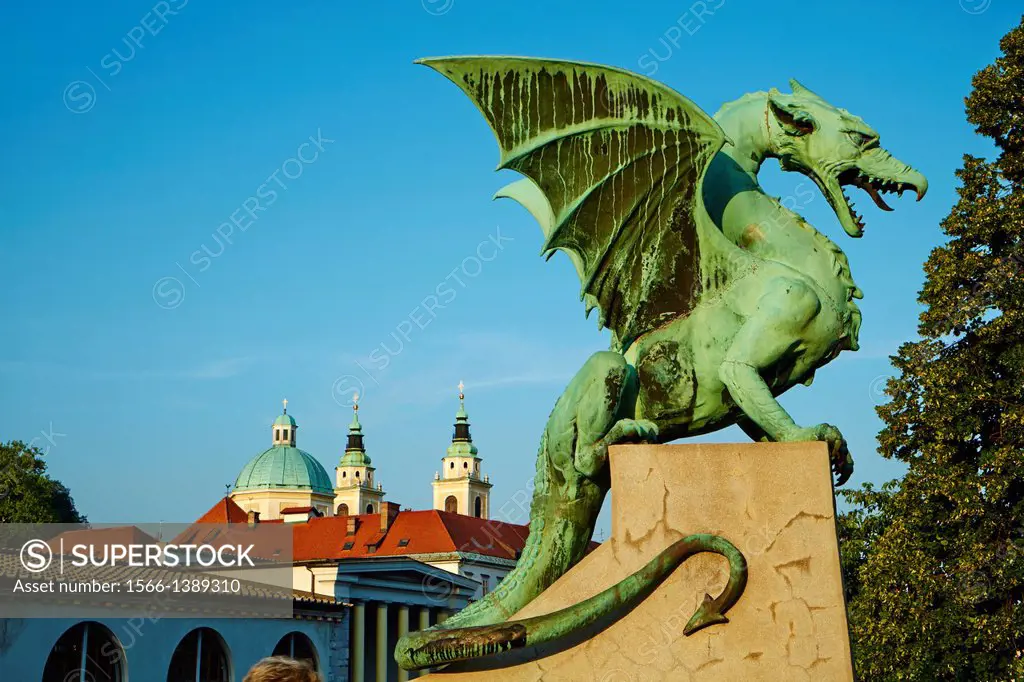 Slovenia, Ljubljana, Dragon Bridge and St Nicholas church.