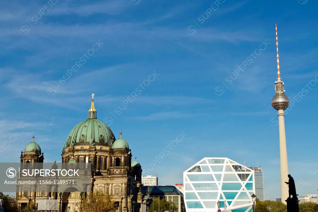 View onto the TV Tower and the Cathedral in Berlin, Germany.