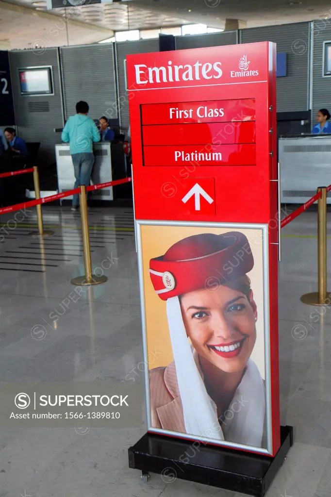 France, Europe, French, Paris, CDG, Charles de Gaulle Airport, terminal, concourse, gate area, sign, information, directions, Emirates Airline, first ...