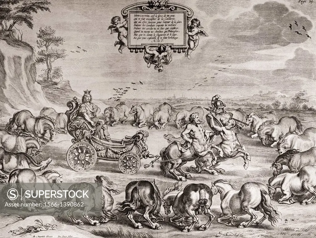 Illustration from the book Méthode et invention nouvelle de dresser les chevaux by the 1st Duke of Newcastle. Symbolical picture representing the apot...