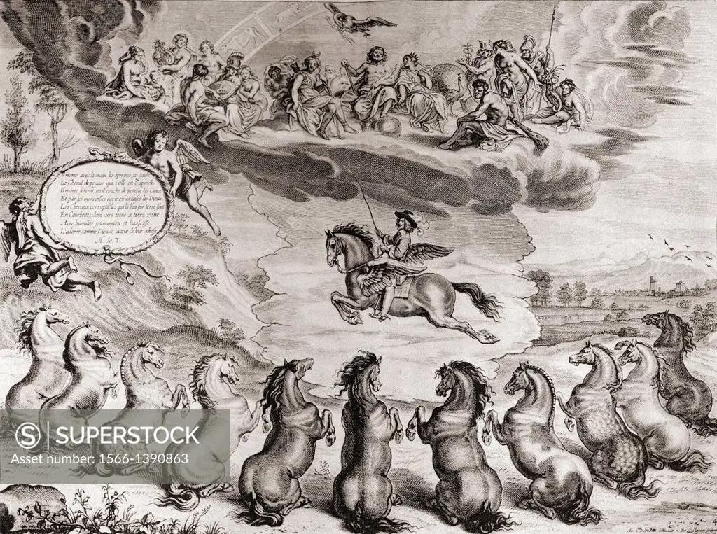 Illustration from the book Méthode et invention nouvelle de dresser les chevaux by the 1st Duke of Newcastle. Symbolical picture representing the apot...
