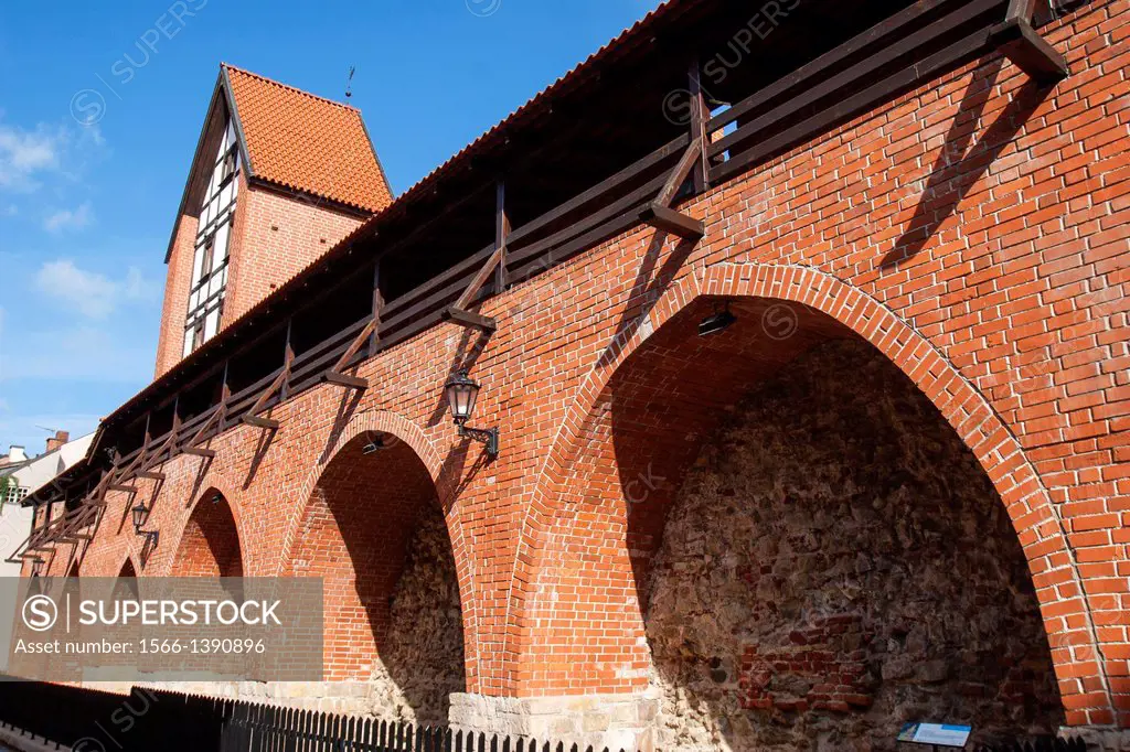Reconstructed fragment of the city wall and Ramer tower on Torna street, Riga, Latvia.