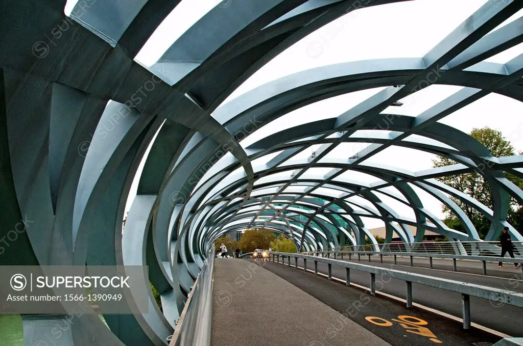 bridge crossing Arve river in Geneva named after Hans Wilsdorf, the founder of Rolex, bridge is called ´bird´s nest´ because of its interwoven girders...