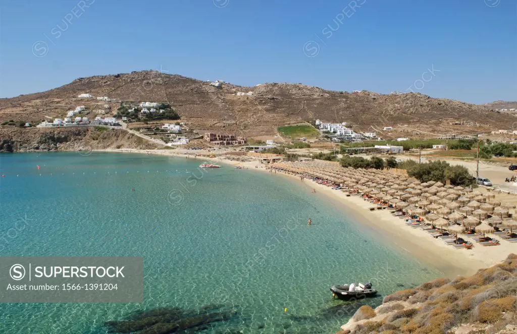 Greece Mykonos Paradise Beach Kalo Livadi resort that singles come to relax from above.