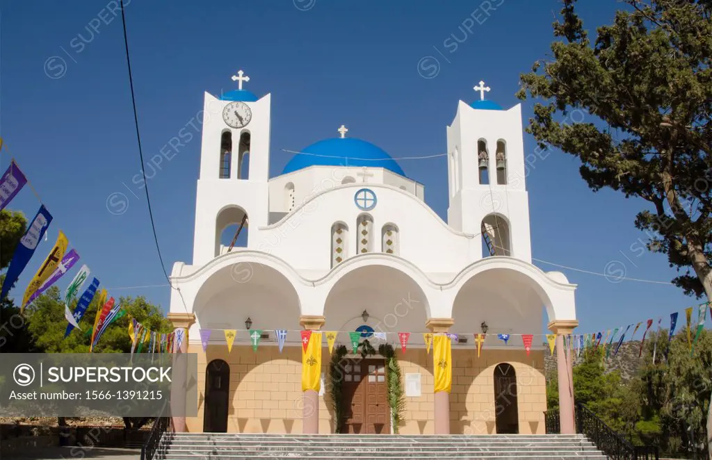 Greece Paros Cyclades white and blue big church towers in town of Ageria Greek.