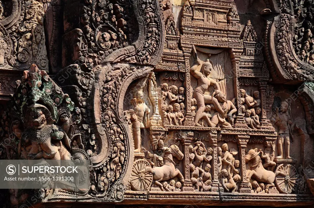Sculptures on the walls of Banteay Srei temple. Cambodia, Siem Reap, Angkor.