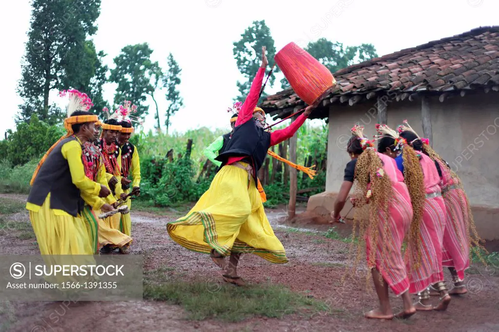 Tribal dance. Baiga Tribe, Chada village, Madhya Pradesh, India.