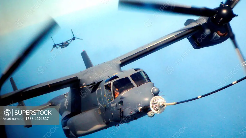 A CV-22 Osprey from the 8th Special Operations Squadron, Hurlburt Field, Fla., is refueled by an MC-130P Combat Shadow from the 67th Special Operation...