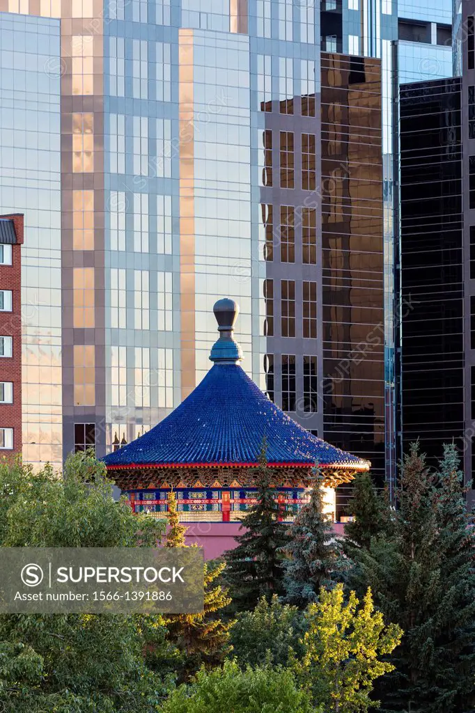 Skyscrapers and the Chinese Cultural Centre in Calgary, Alberta, Canada
