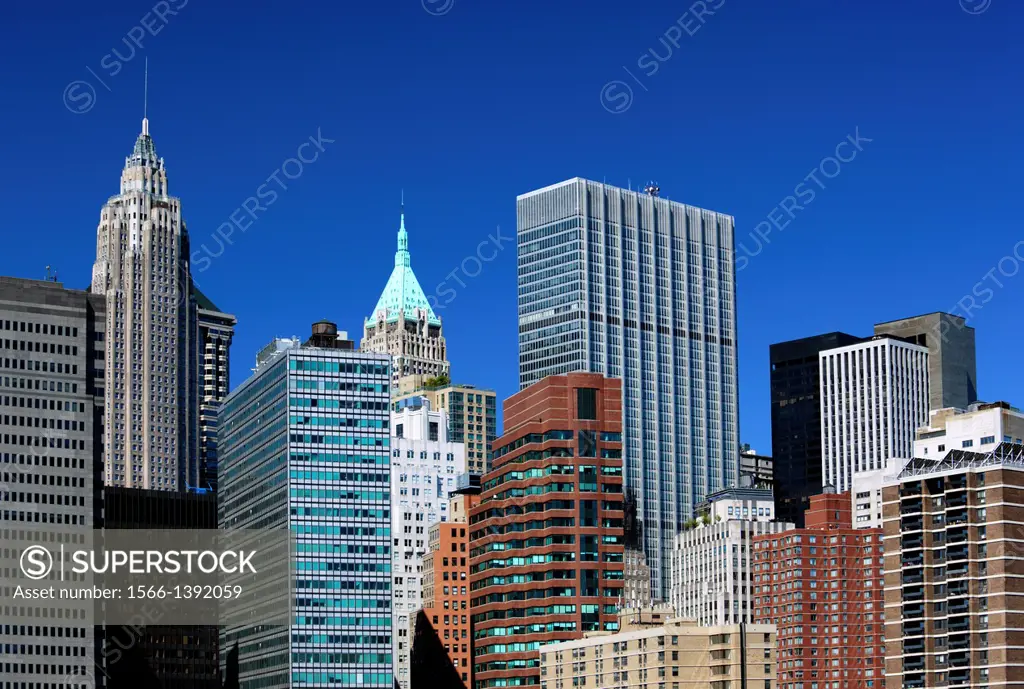 Lower Manhattan skyline in New York City, USA.