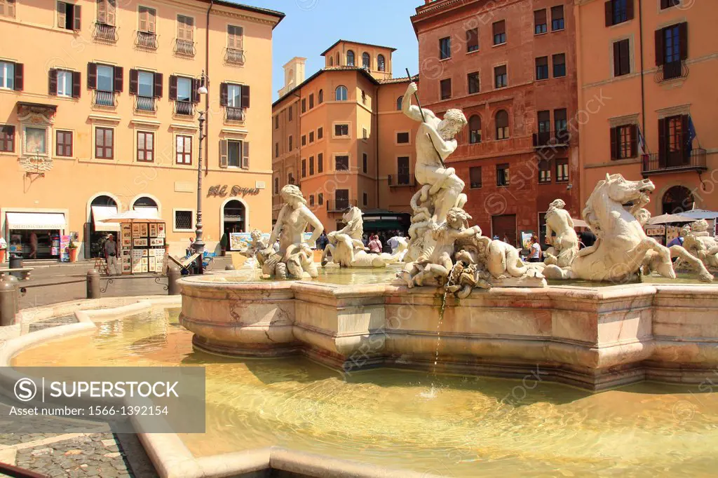Neptune´s Fountain 19th century at Piazza Navona. Rome. Italy.