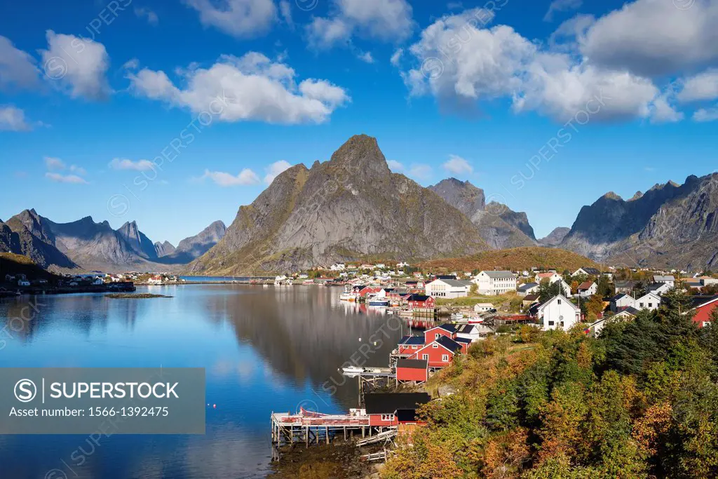 View of small fishing village of Reine on sunny autumn day, Moskenesoy, Lofoten Islands, Norway.