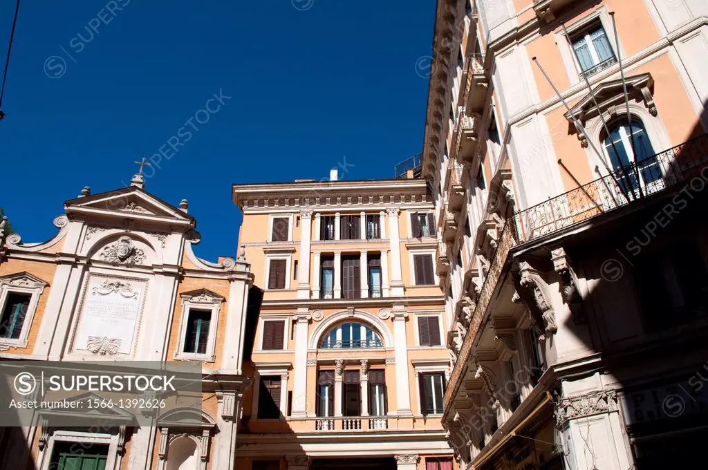 Beautiful houses and a church in the Trevi rione, Rome, Italy.