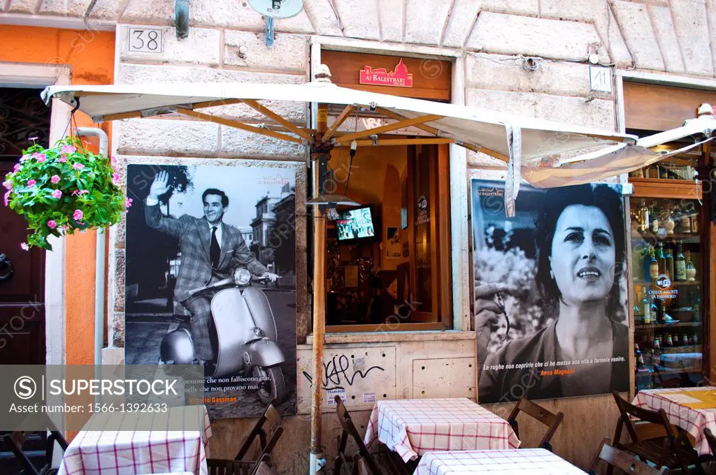Restaurant AI Balestrari, in Campo de' Fiori district, with Anna Magnani and Gregory Peck photographs, Rome, Italy.