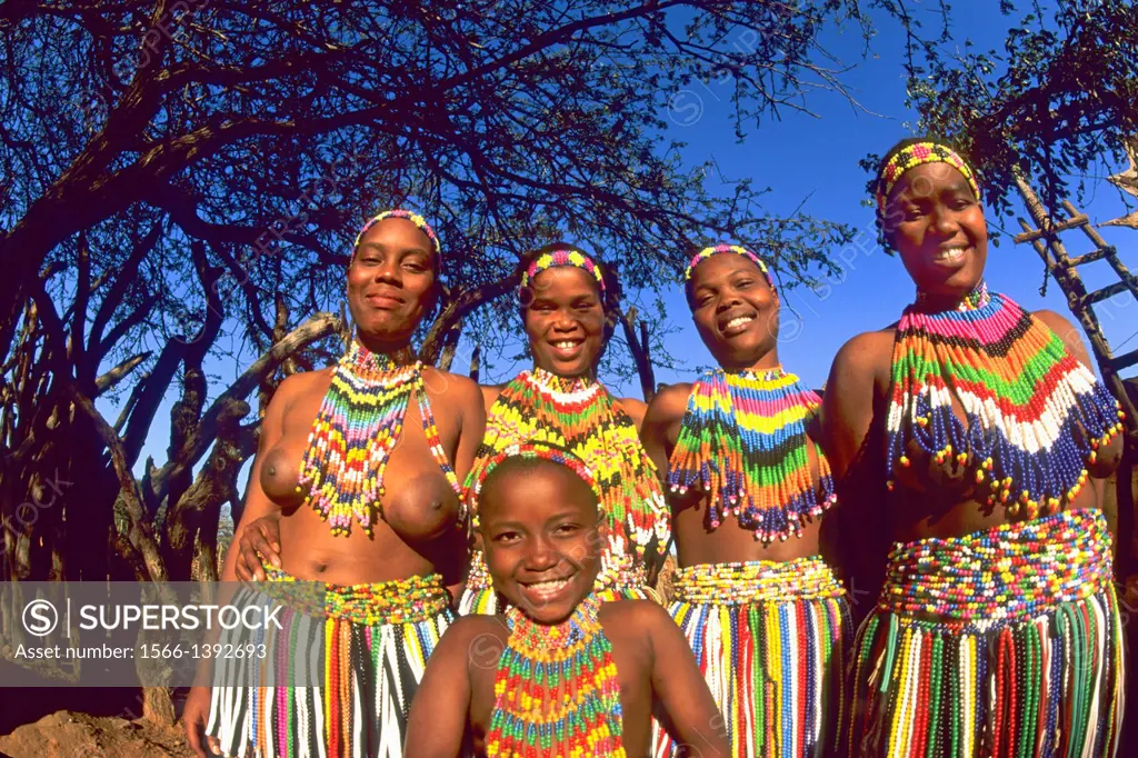 Colorful Native Zulu Beaded Women at Shakaland Center South Africa.