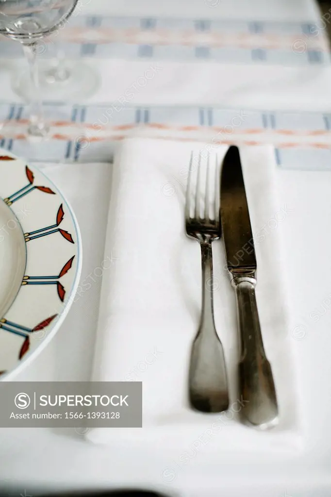 Napkin, knife and fork in Le Comestible. French restaurant in Bordeaux. Bordeaux. Gironde. Aquitaine. France. Europe.