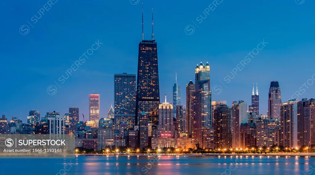 Chicago Waterfront at night, Illinois, USA.