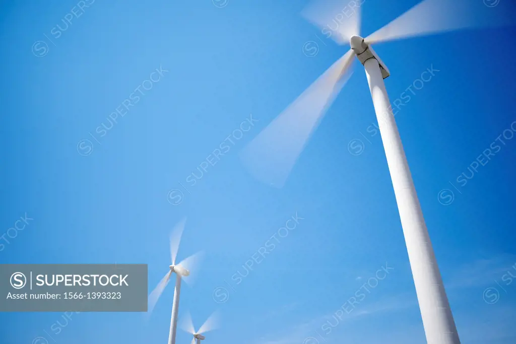 group of windmills for renewable electric energy production, Pozuelo de Aragon, Zaragoza, Spain.