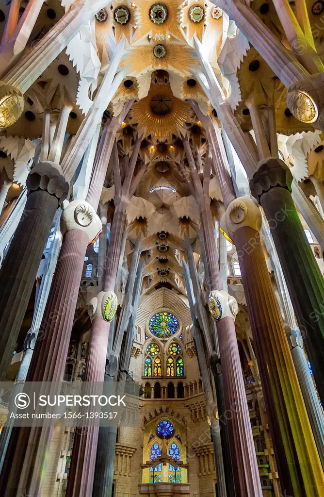 Nave interior, Basilica Sagrada Família, Barcelona, Spain.
