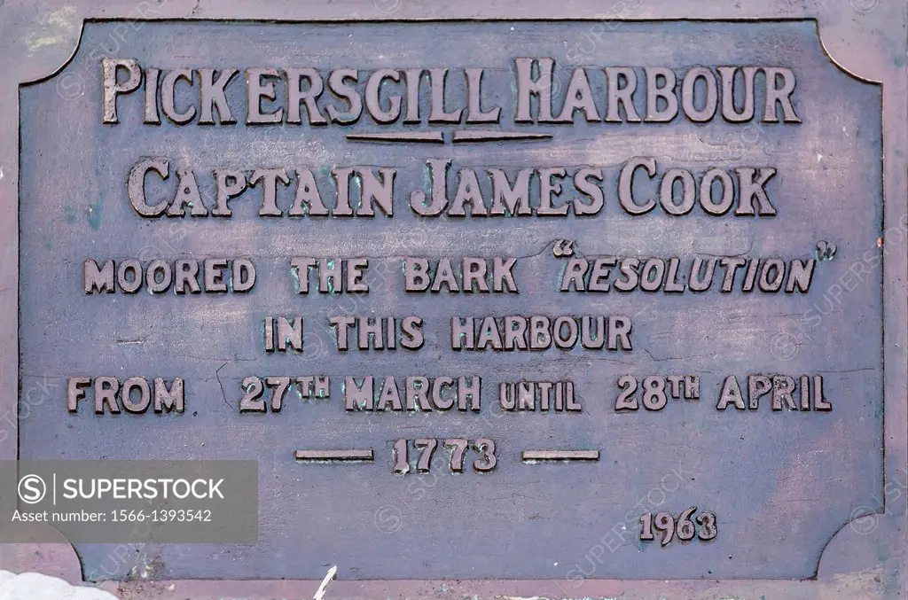 Plaque commemorating Captain James Cook in Pickersgill Harbour inside Dusky Sound, Fiordland National Park, South Island, New Zealand.