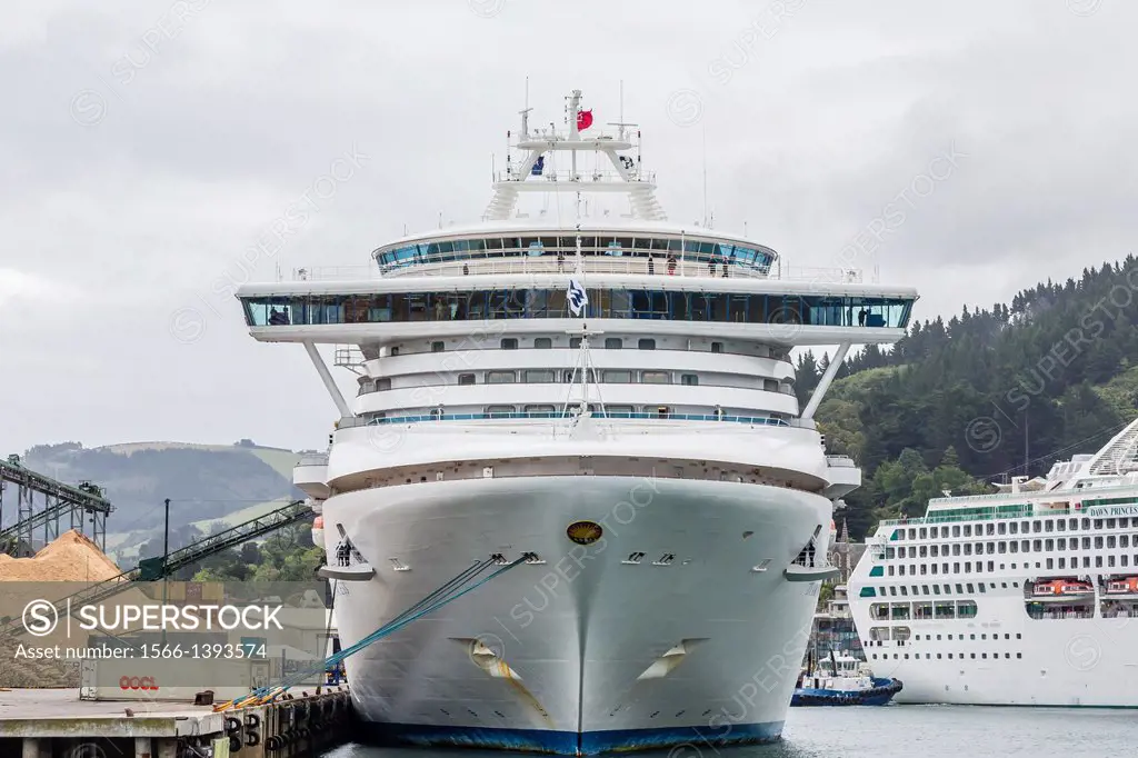 Cruise ships ""Diamond Princess"" and ""Dawn Princess"" in Dunedin, South Island, New Zealand.