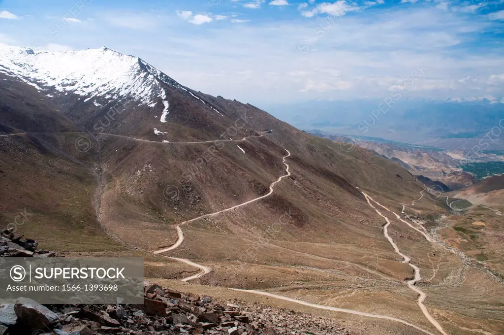 Looking back from the high-altitude Khardung La down to Leh and the Indus Valley, Ladakh.