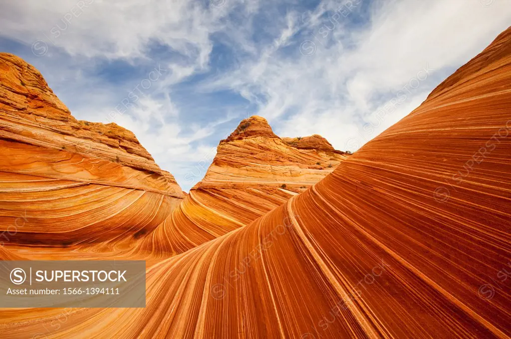 Vermilion Cliffs Wilderness Area of northern Arizona, USA. The area is called North Coyote Buttes, and this specific rock formation is called "the wav...