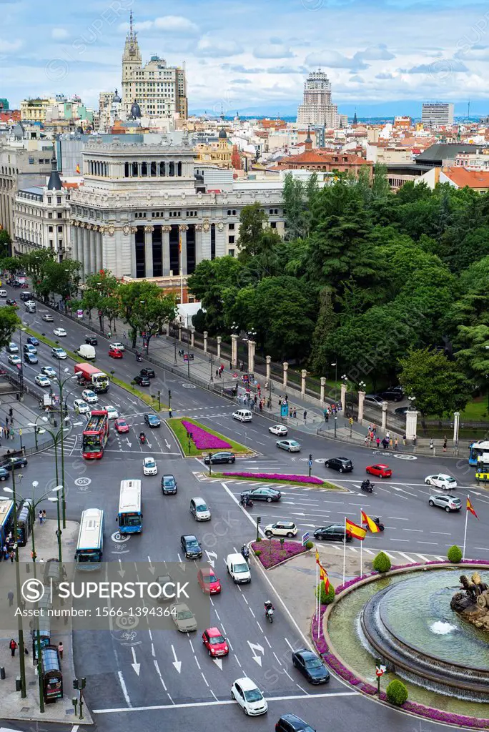 Aerial views of Cibeles square and Alcalá street from City councill top floor terrace. Madrid.