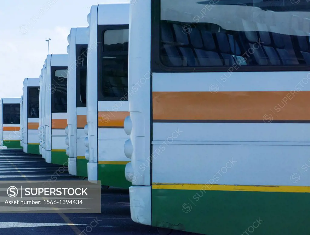 Buses lined up and parked in an overnight depot. Cape Town, South Africa