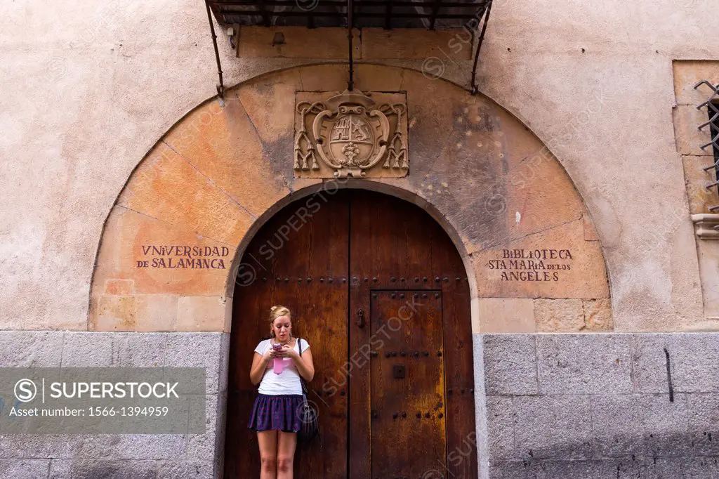 Entrance door to the Library of Santa María de los Ángeles, University of Salamanca, Salamanca, Castilla-Leon, Spain