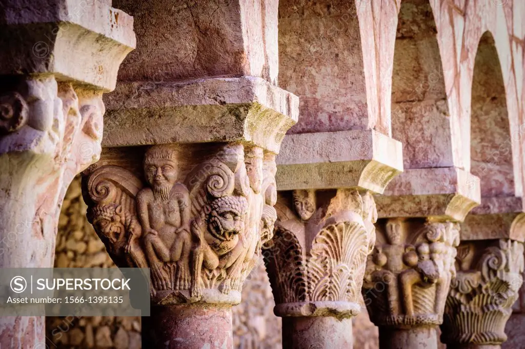 Columns and capitals, 12th Century cloister of Saint-Michel-de-Cuxa Benedictine Abbey, 879AD, Pyrénées-Orientales, France