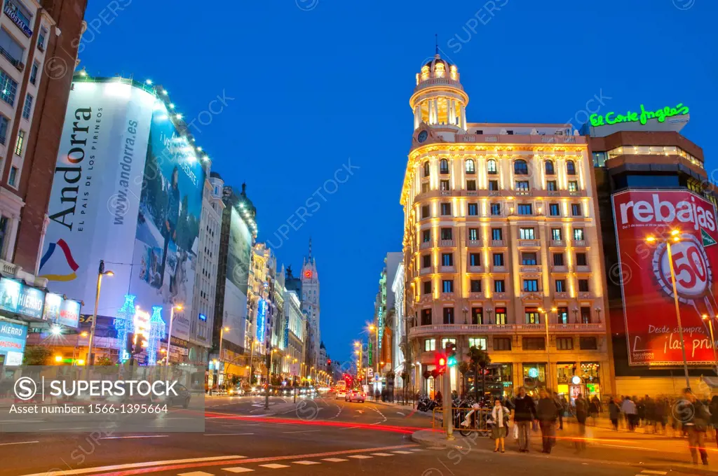 Gran Via, night view. Madrid, Spain.