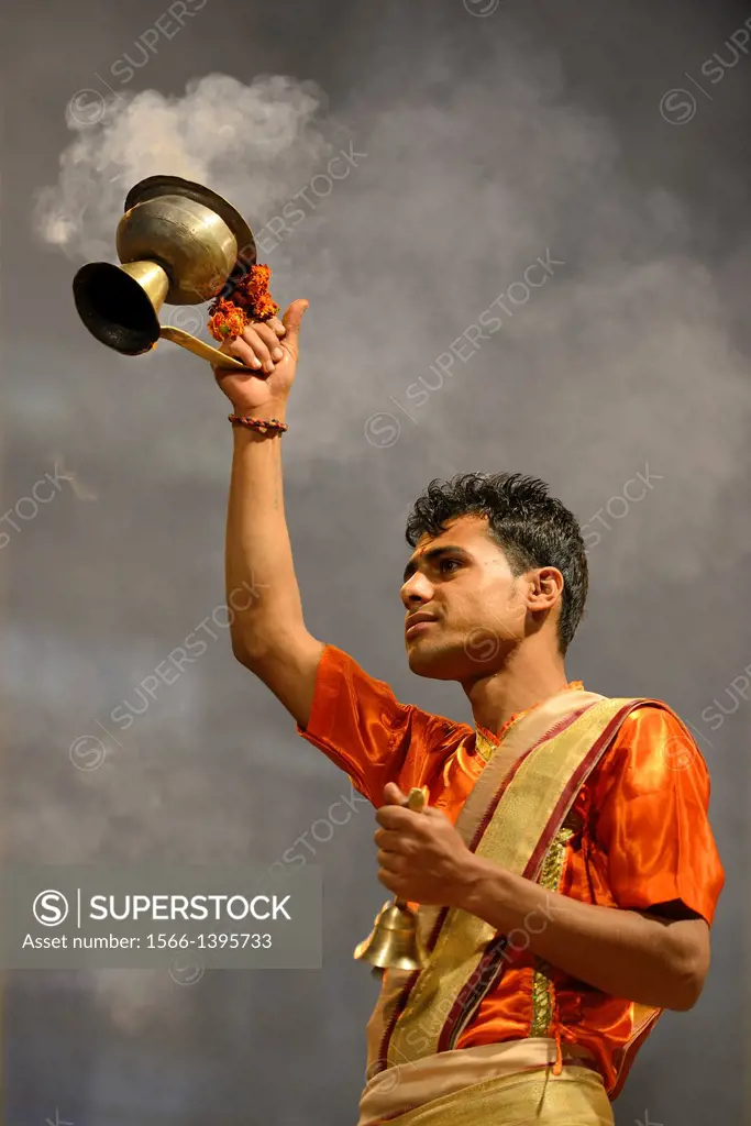 India, Uttar Pradesh, Varanasi, Aarti, Offering of incense to the Ganges.