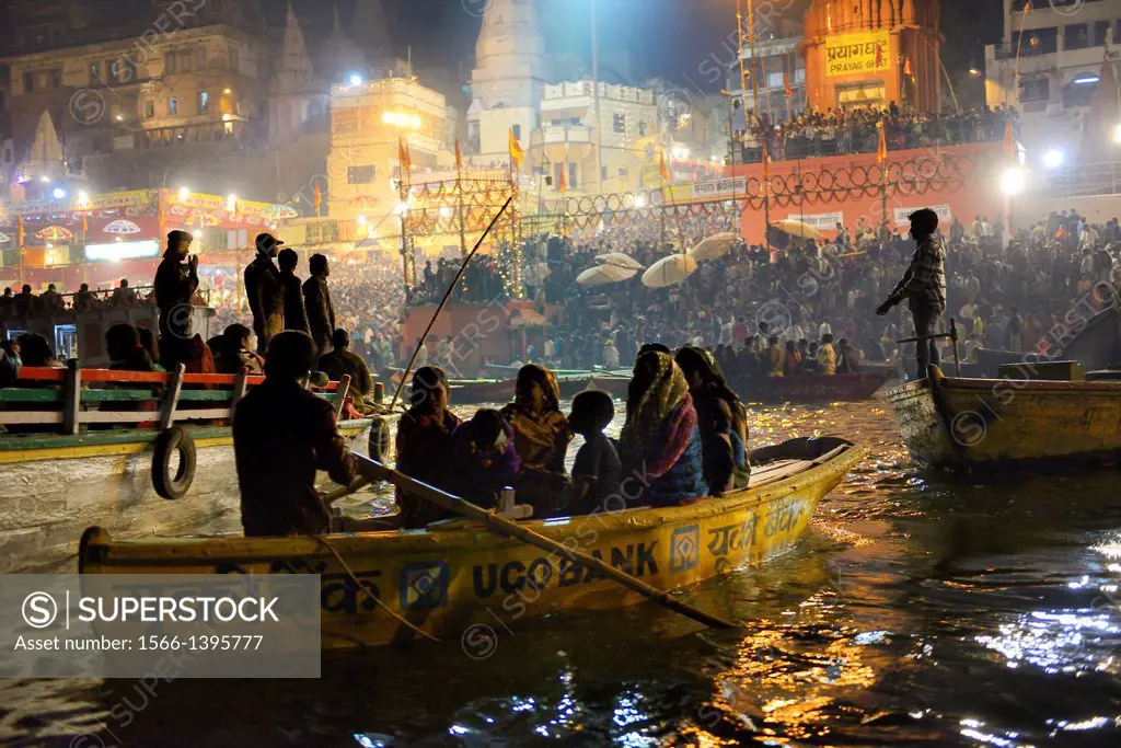 India, Uttar Pradesh, Varanasi, Dasashwamedha ghat during Dev Deepawali festival.