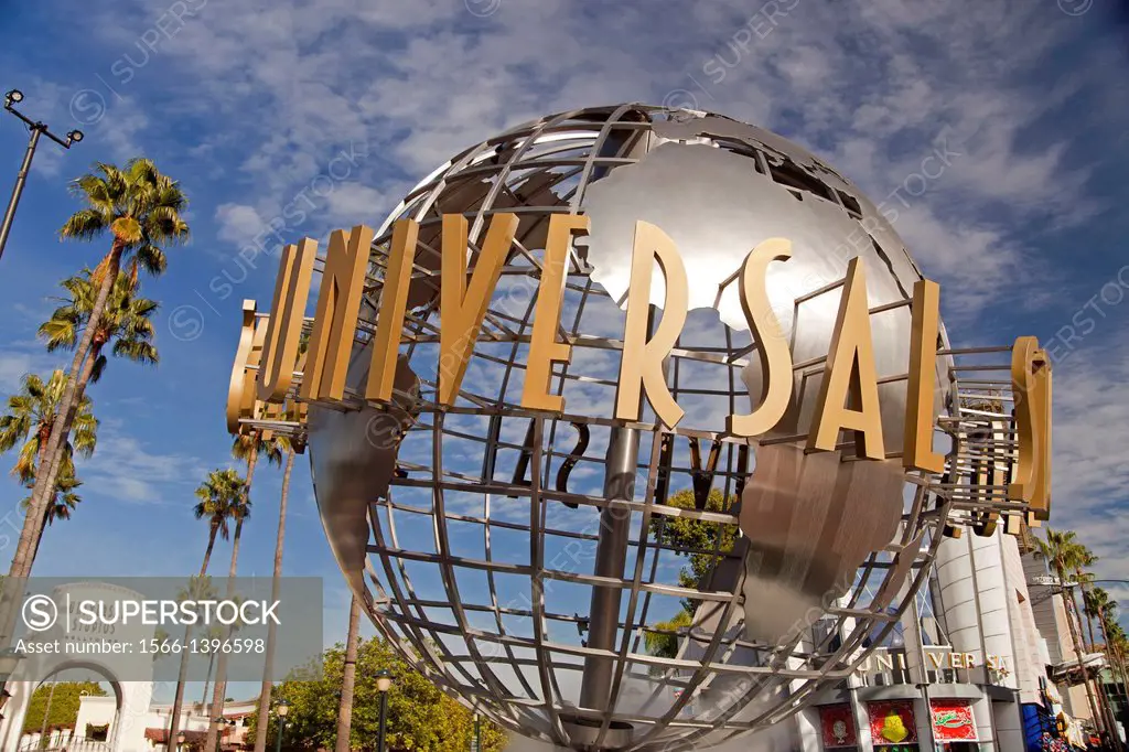 Universal Globe at the entrance to Universal Studios Hollywood, Universal City, Los Angeles, California, United States of America, USA.