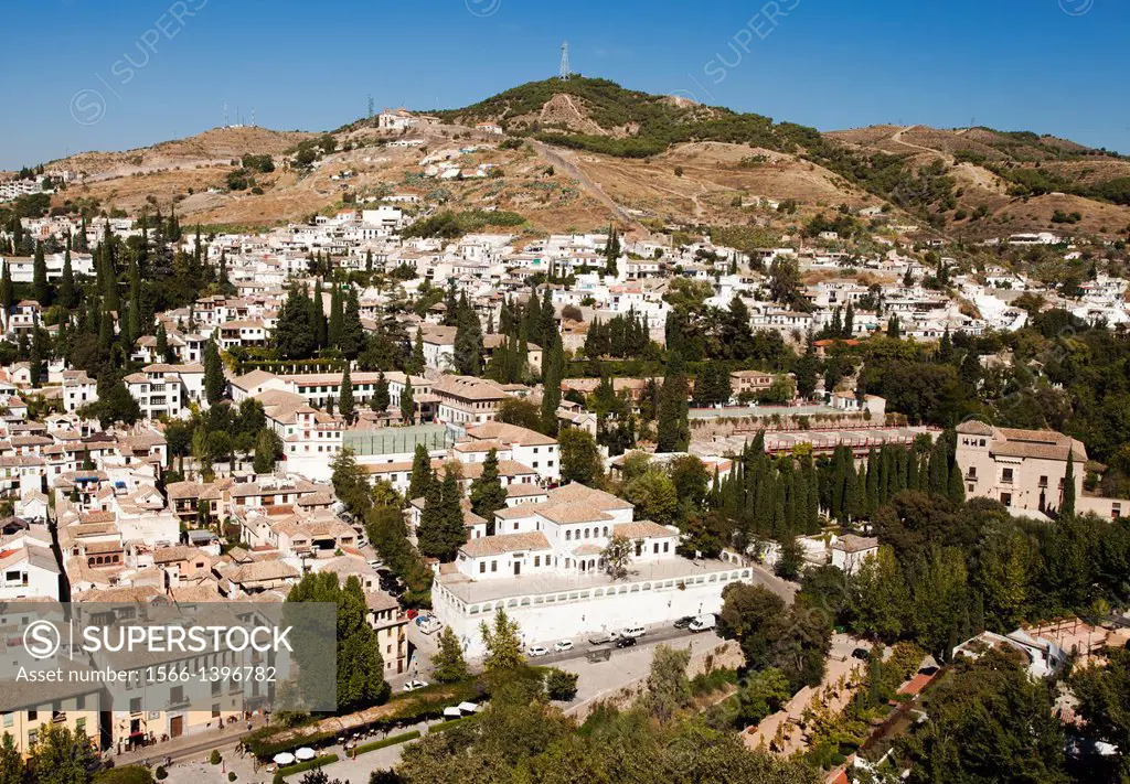 El Albayzín district, also Albaicín or El Albaicín and Sacromonte, from Alhambra, Granada, Andalusia, Spain, Europe.