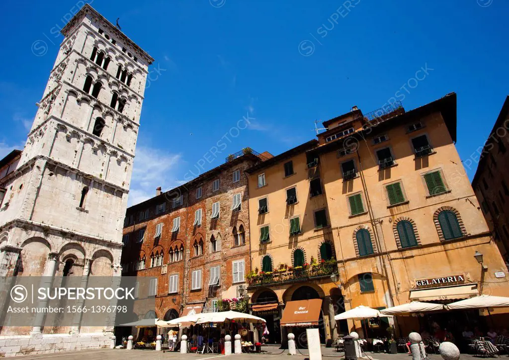 Bell Tower of San Michele in Foro, a Roman Catholic basilica church, St Michael square, Lucca, Tuscany, Italy, Europe.