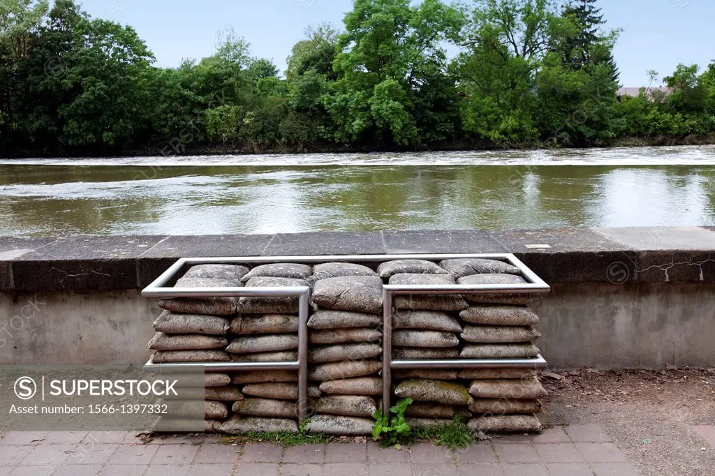 Sandbags, memorial at the river Weser, Hameln, Lower Saxony, Germany, Europe
