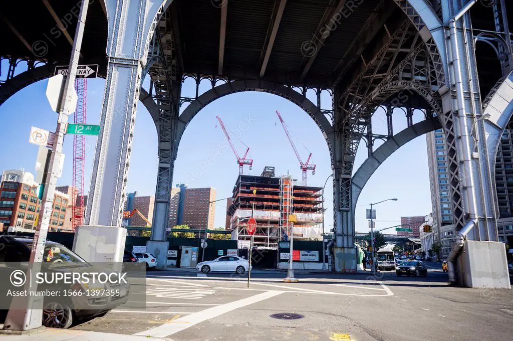 The view from under the West 125th Street viaduct of construction in the 17 acre area, partially acquired through the use of eminent domain, in Manhat...