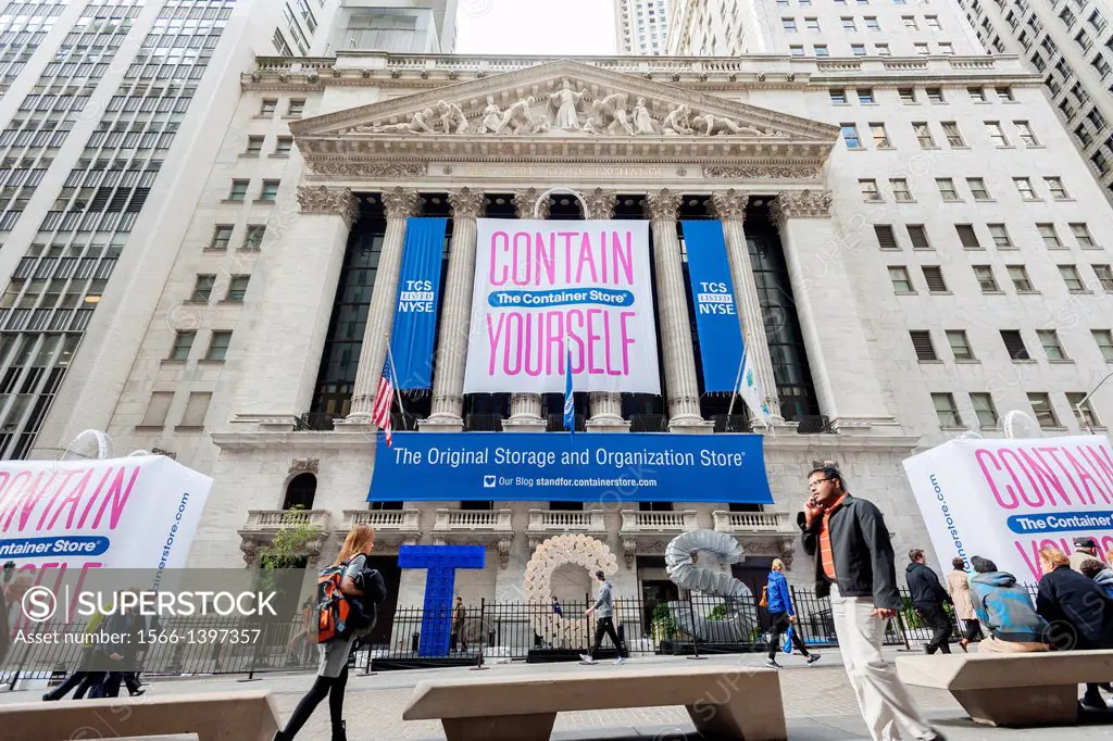 The New York Stock Exchange is decorated for The Container Store´s initial public offering IPO in Lower Manhattan in New York on Friday, November 1, 2...