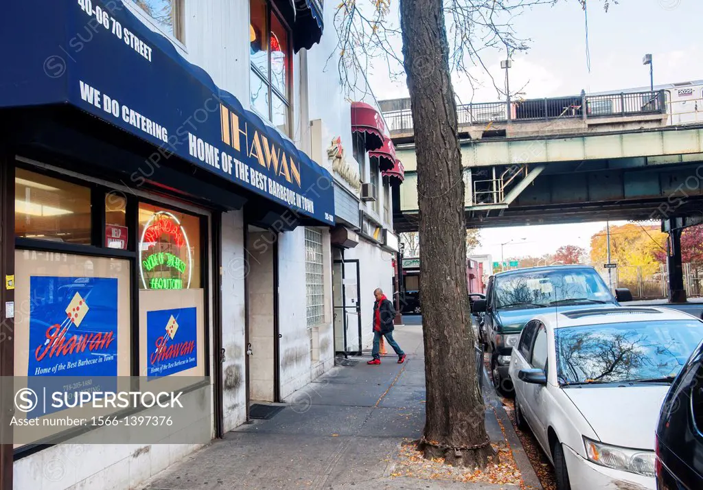 Restaurants, freight forwarders and other businesses along Roosevelt Avenue in Queens in New York in the ´´Little Manila´´ neighborhood. Super Typhoon...