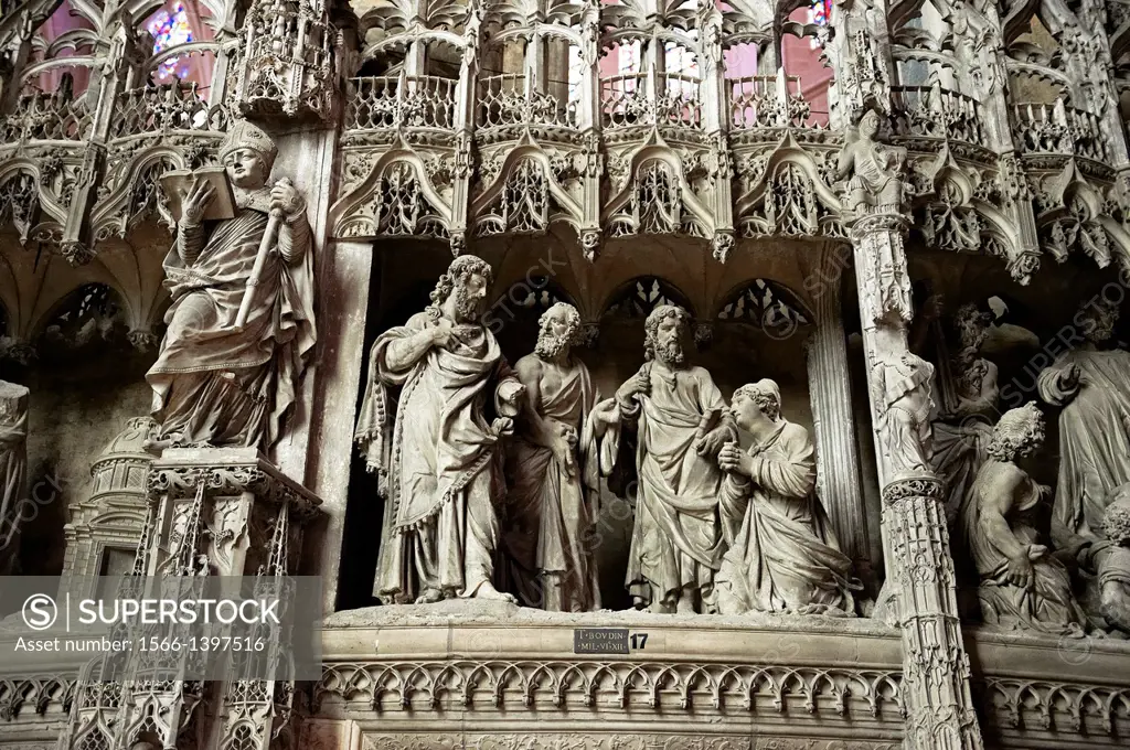 16th century flamboyant gothic Choir screen and ambulatory of the Cathedral of Chartres, France. A UNESCO World Heritage Site.