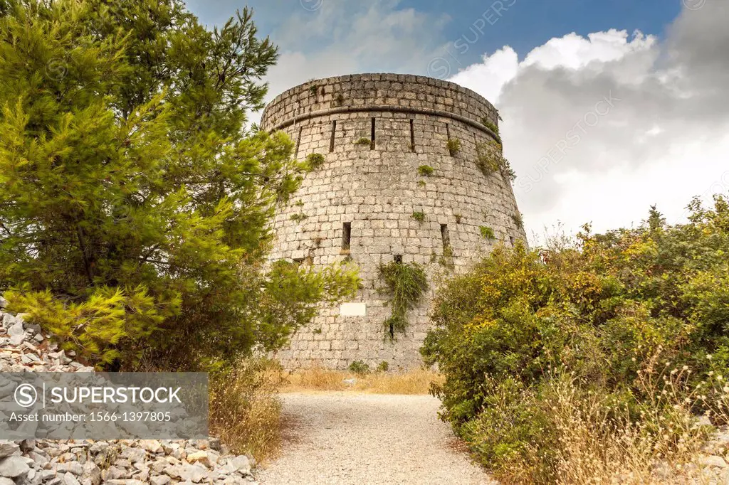 English tower built in 1813 that is located on the hill above Korcula Old Town, Croatia.